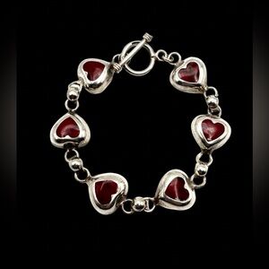Vintage Mexico Heavy Sterling Silver Faux Coral Heart Link Bracelet 7.5"